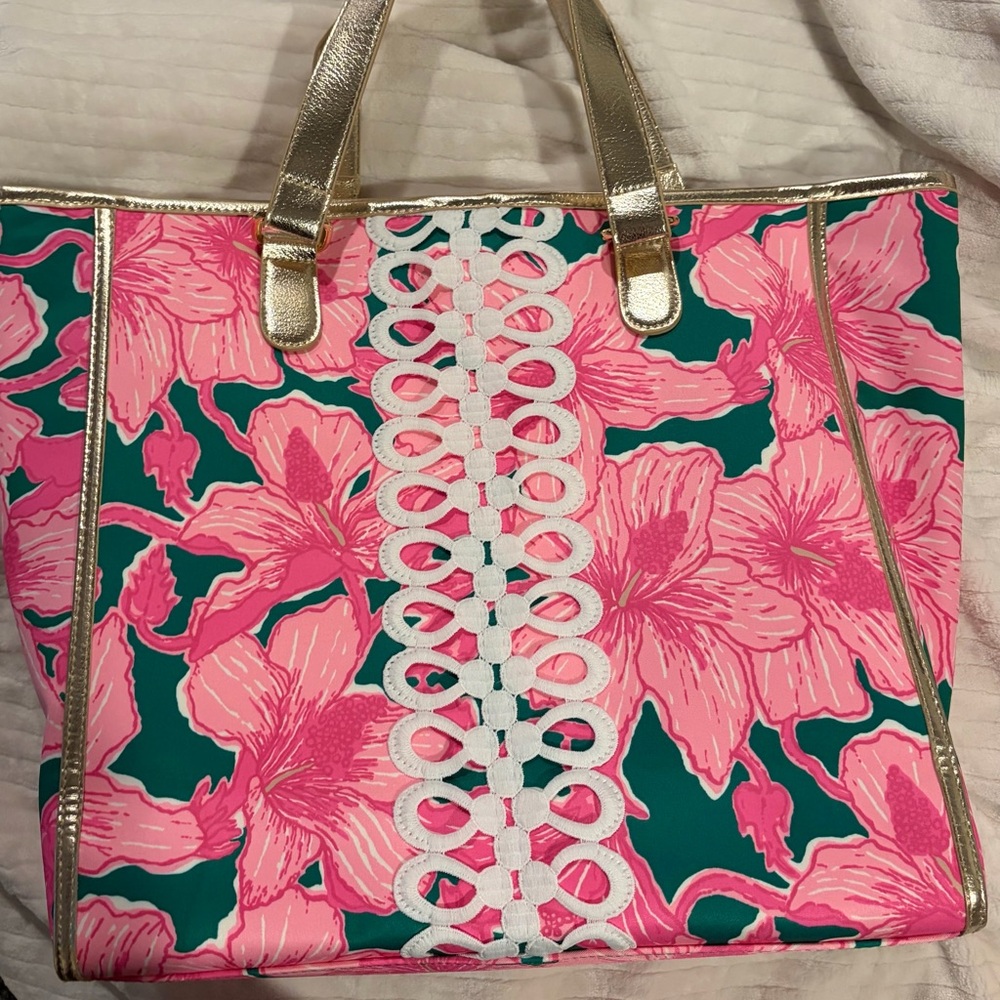 Lilly Pulitzer Pink Floral Tote with Teal Background and Gold Trim